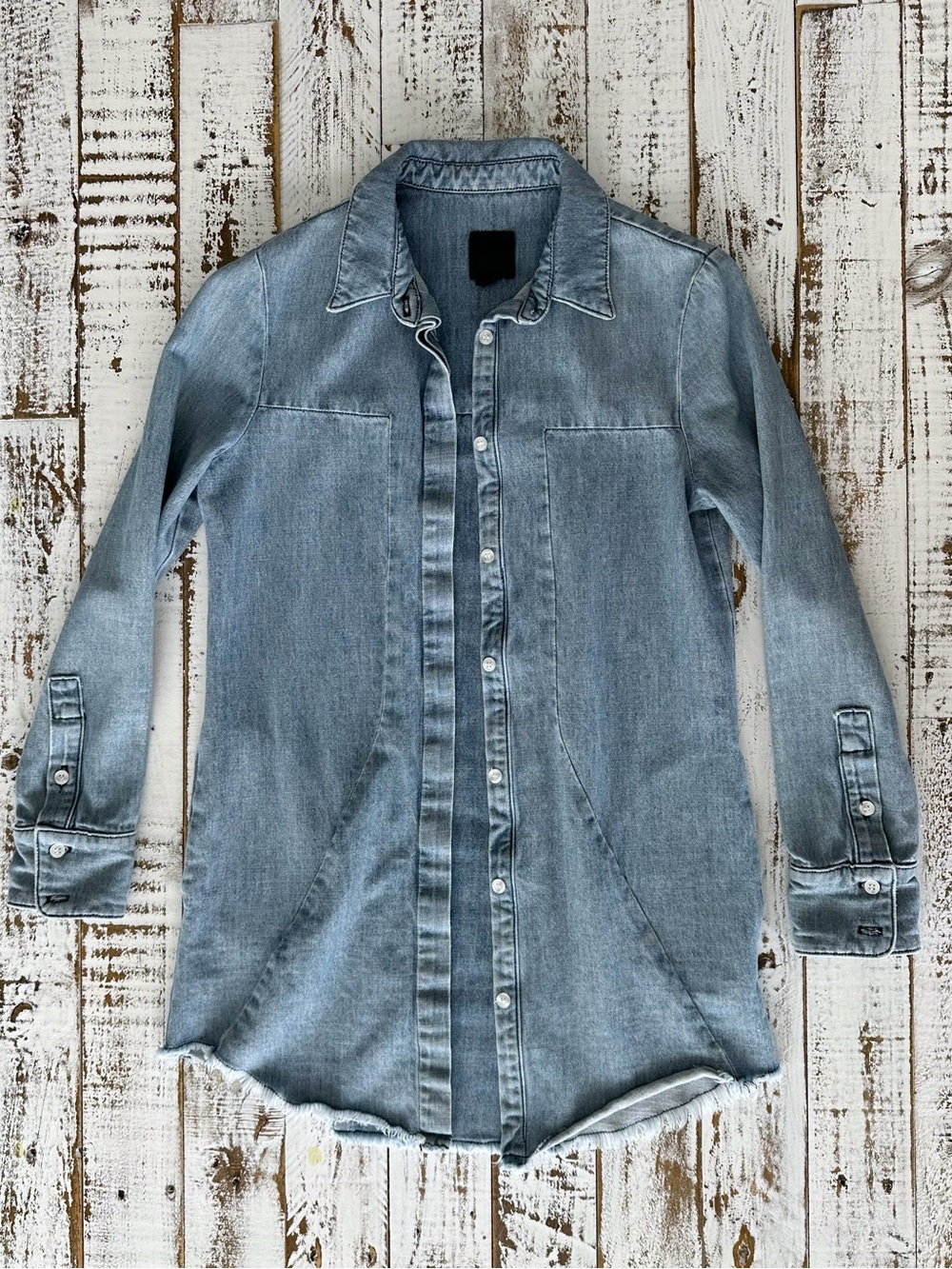 RtA Genevieve Denim Button Front Mini Shirt Dress Size XS Raw Hem